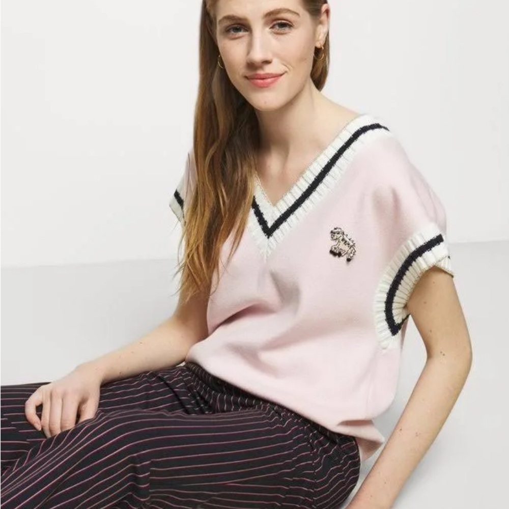 Maje PINK Women's Monette Striped Short Sleeve Edge Sweater Vest US One Size - Picture 5 of 17